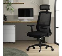 ML-Design Silla de Oficina Ergonómica de Rejilla Asiento Negro de Escritorio Ordernador con Resposabrazos Acolchado, Reposacabezas Regulable Función Balancín y Giratoria 360° con Ruedas
