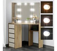 ML-Design Tocador Blanco/Sonoma con Luces LED 3 Espejos 5 Cajones y 3 Compartimentos 110x141,5x54cm Fabricado en Madera MDF Mesa de Peluquería Cómoda Retoques de Maquillaje Gabinete Make Up