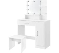 ML-Design Tocador con espejo blanco con luz LED + taburete de madera