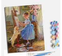MLNMENG Pintura por Números Moderna DIY Kit de Pintar con Números Con marco40x50cm Pintura al óleo de Lienzo con Pinceles y Pigmento Acrílico para Adultos Dibujando hermosas niñas y cachorros.