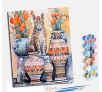 MLNMENG Pintura por números para adultos para principiantes kit con Con marco lienzo sin arrugas pinceles y pintura acrílica al óleo para regalo decoración del hogar Flores, jarrón, gatito.
