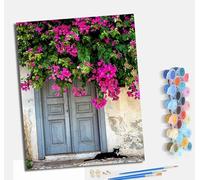 MLNMENG Pintura por números para adultos para principiantes kit con Con marco lienzo sin arrugas pinceles y pintura acrílica al óleo para regalo decoración del hogar Puerta de flores Gato negro