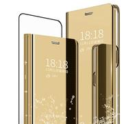 MLOTECH - Carcasa para Huawei P30, Cover + Cristal Templado Flip Clear View Translúcido Espejo Cover Standing 360°Funda antigolpes Smart Cover Bumper Golden