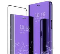 MLOTECH - Carcasa para Samsung A71, Estui+ Cristal Templado Film Protector Flip Clear View Translúcida Espejo Cover Standing 360°Funda antigolpes Smart Cover Bumper Azul Púrpura