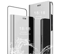MLOTECH - Carcasa para Samsung A71, Estui+ Cristal Templado Film Protector Flip Clear View Translúcido Espejo Cover Standing 360°Funda antigolpes Smart Cover Bumper Plata