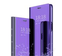MLOTECH Funda para Samsung Galaxy A34 5G Carcasa con Cristal Templado Flip Clear View Translúcido Espejo Standing Cover Slim Fit Anti-Shock Anti-Rasguño Mirror Cubierta Azul Morado