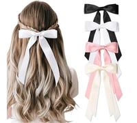 MLPKOI 4 Pcs Pinza para el Pelo con Lazo Grande, Lazos para el Pelo de Satén de Tela Francesa Niña Pinza de Pelo con Lazo Tamaño con Cinta en la Cola