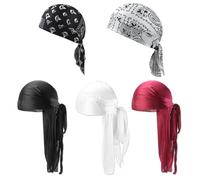 MLPKOI 5Pcs Durag de Seda, Gorro Bandanas Piratas Elástico Envoltura de Cabeza con Cola Larga Correas Anchas Para Hombres y Mujeres Decoración Diaria de Hip-Hop
