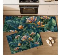MLSOWM Alfombra Cocina Hojas Ave del Paraíso Antideslizante, Juego de 2 Alfombrillas Absorbentes Plantas Tropicales, Alfombras Pasillo para Pasillo, Comedor y Entrada, Verde Oscuro, 40x60cm+40x120cm