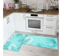 MLSOWM Alfombra Cocina Minimalismo Lavable Antideslizante, Juego de 2 Alfombrillas Hojas De Palma Absorbentes de Aceite y Agua, Alfombras Pasillo para Salón, Lavadero, 40x60cm+40x120cm, Turquesa