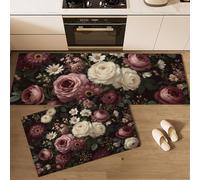MLSOWM Alfombra Cocina Racimo Flores Oscuras Lavable Antideslizante, Juego de 2 Alfombrillas Rosas Y Margaritas Absorbentes, Alfombras Pasillo para Salón, Lavadero, 50x80cm+50x150cm, Púrpura