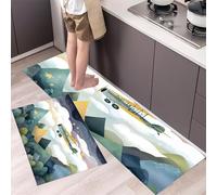 MLSOWM Alfombra de Cocina Avión 2 Piezas,Juego de Alfombrillas Montañas De Dibujos Animados Antideslizantes Lavables, Alfombrilla Resistente al Agua para Pasillo, Comedor 50x80cm+50x150cm Azul-Verde