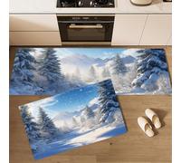 MLSOWM Alfombra de Cocina Bosque De Hoja Perenne Antideslizante Lavable, Set de 2 Juego de Alfombras Bosque Nevado Tapete Antifatiga para Suelo de Cocina, Lavabo 40x60cm+40x120cm Azul Cielo
