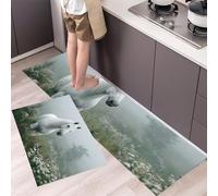 MLSOWM Alfombra de Cocina Caballo Blanco Lavable Antideslizante, Alfombra Pasillo Larga Campos Brumosos, Alfombra para Cocina, Entrada, Entrada, 50x80cm+50x150cm, Verde