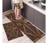 MLSOWM Alfombra de Cocina Campestre, Set de 2 Tapete de Cocina Puerta Granero Madera. Lavables Absorbebles Antideslizantes Alfombra para Pasillo, Comedor y Entrada, 40x60cm+40x120cm, Marrón Oscuro