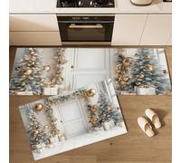 MLSOWM Alfombra de Cocina Corona De Árbol De Navidad Antideslizante Lavable, Set de 2 Juego de Alfombras Fondo Navideño Tapete Antifatiga para Suelo de Cocina, Lavabo 40x60cm+40x120cm Blanco Marfil