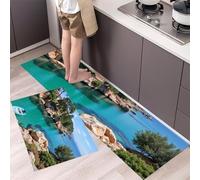 MLSOWM Alfombra de Cocina Edificios Junto Al Mar Antideslizante Juego de 2 Alfombras de Cocina Paisaje Costero Lavables para Pasillo, Comedor y Entrada, 43x75cm+43x150cm Azul-Verde