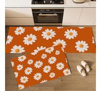 MLSOWM Alfombra de Cocina Floral Retro Chic, Set de 2 Tapete de Cocina Margarita Simple Lavables Súper Absorbebles Antideslizantes Alfombra para Pasillo, Comedor y Entrada, 43x75cm+43x150cm, Naranja