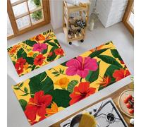 MLSOWM Alfombra de Cocina Hibisco Y Ave del Paraíso 2 Piezas, Alfombrillas de Cocina Flores Tropicales Lavables para Suelo, Suaves Alfombrillas Antideslizantes para Pasillo, 43x75cm+43x120cm, Cúrcuma