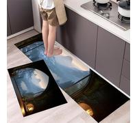 MLSOWM Alfombra de Cocina Montañas Y Lagos 2 Piezas,Juego de Alfombrillas Ventanas Arqueadas Antideslizantes Lavables, Alfombrilla Resistente al Agua para Pasillo, Comedor 40x60cm+40x120cm Azul Claro