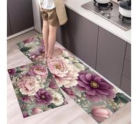 MLSOWM Alfombra de Cocina Peonías Y Tulipanes Antideslizante Lavable, Set de 2 Juego de Alfombras Floral Retro Tapete Antifatiga para Suelo de Cocina, Lavabo 40x60cm+40x120cm Morado Rosado