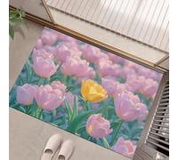 MLSOWM Alfombra de Puerta Pelo Corto Campos De Tulipanes Felpudo Entrada Casa Fotografía Realista Tapetes Antideslizante Lavables en Lavadora 90x150cm para Baño, Patio, Pasillo, Rosa