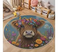 MLSOWM Alfombra de Salón de Pelo Corto, 100cm Alfombra de Área Redonda Ganado Tierras Altas Garland Tapetes Pastoral Antideslizantes y Lavables para Sofá, Mesa de Café, Habitación Infantil, Marrón