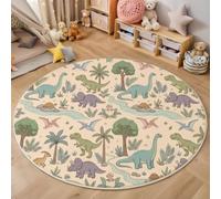 MLSOWM Alfombra de Salón de Pelo Corto, 120cm Alfombra de Área Redonda Dinosaurios del Bosque Tapetes Dibujos Animados Estilo Retro Antideslizantes para Sofá, Mesa de Café, Habitación Infantil, Rosa