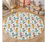 MLSOWM Alfombra Habitación Infantil Animales del Bosque Redonda 200cm Alfombra de Pelo Corto Patineta Brown Bear Fox Antideslizante Lavables Tapete para Habitación de los Niños, Sala de Juegos