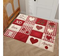 MLSOWM Alfombra Interior Palabras Y Frases De Amor Antideslizante y Absorbente, Felpudo de Entrada Patchwork A Cuadros Retro Alfombra Fácil de Limpiar para Pasillos, Cocina, Baño, 90x150cm, Rojo
