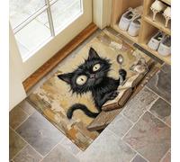 MLSOWM Alfombra Pequeña Entrada Casa60x90cm Felpudo Gato Negro Sorprendidoo Antideslizante Lavables Tapetes Pelo Corto Pintura Retro En Acuarela Perfil Bajo para Entrada, Cocina, Habitacion, Marrón