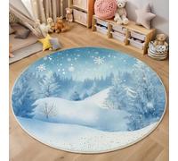 MLSOWM Alfombra Redonda 100cm Suave Moquetas Pelo Corto País Maravillas Invernal Tapete Redondo Colinas Bosque Abetos Antideslizante Lavables en Lavadora para Sala, Dormitorio y Comedor, Azul Claro