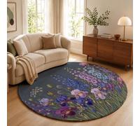 MLSOWM Alfombra Redonda 120cm Tapetes Pelo Corto Iris Cardo Azul Flor Silvestre Alfombra de Área Herbario Clásico Europeo Lavable Antideslizante para Sofá, Mesa de Café, Comedor, Azul Grisáceo