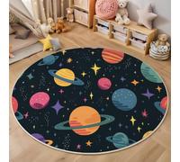 MLSOWM Alfombra Redonda 80cm, Planetas con Anillos Alfombra de Salón de Pelo Corto Espacio De Dibujos Animados, Super Suave Antideslizantes y Lavables para Sala, Dormitorio, Comedor, Negro