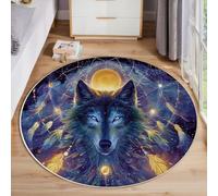 MLSOWM Alfombra Redonda 80cm Tapetes Pelo Corto Lobo Atrapasueños Alfombra de Área Tótem Misterioso Lavable Antideslizante - Fácil Cuidado para Sofá, Mesa de Café, Comedor, Azul-Púrpura