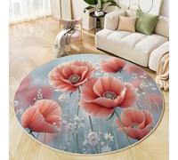 MLSOWM Alfombra Redonda Brisa De Primavera 120cm Animados Pelo Corto Campo De Amapolas Antideslizante Alfombrilla de Juego para Sala de Estar, Sofá, Decoración de Habitación de Niños, Gris