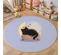 MLSOWM Alfombra Redonda Buenas Noches Ensueño 90cm para Salon Alfombra de Flor Luna Gato Negro Antideslizante, Lavables en Lavadora, Tapete Redondo Pelo Corto para Dormitorio Comedor, Morado Claro