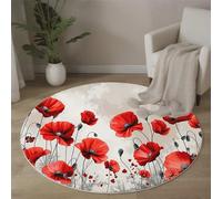 MLSOWM Alfombra Redonda Campo De Flores Retro 90cm Animados Pelo Corto Campos De Amapolas Antideslizante Alfombrilla de Juego para Sala de Estar, Sofá, Decoración de Habitación de Niños, Rojo