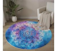 MLSOWM Alfombra Redonda de 160cm Alfombra de Área de Pelo Corto Loto De Acuarela Alfombras Flores De Mandala Lavables Antideslizante para Salón, Habitacón, Dormitorio Decoración, Azul