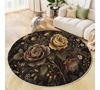 MLSOWM Alfombra Redonda de 160cm, Alfombra Salón Pelo Corto Melancolía Retro Floral Alfombras Rosas Oro Plata Antideslizante para la Decoración de Salas de Estar y Dormitorios, Amarillo Dorado