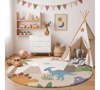 MLSOWM Alfombra Redonda Dinosaurio Triceratops Volcán, 200cm Alfombras de Pelo Corto Suave Parque Dinosaurios Tapetes Antideslizante y Lavables para Dormitorio y Habitación Infantil, Color Arena