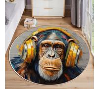 MLSOWM Alfombra Redonda Mono con Auriculares, 100cm Alfombras de Pelo Corto Suave Estilo Grafiti Tapetes Antideslizante y Lavables para Sala de Estar, Dormitorio y Habitación Infantil, Gris Oscuro