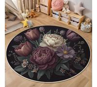 MLSOWM Alfombra Redonda Ramo Vintage 200cm Animados Pelo Corto Tulipán Peonía Antideslizante Alfombrilla de Juego para Sala de Estar, Sofá, Decoración de Habitación de Niños, Negro