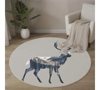 MLSOWM Alfombra Redonda Silueta De Ciervo del Bosque, 90cm Alfombra de Pelo Corto Arte De Doble Exposición Lavable Antideslizante Tapetes Muy Suave para Sala, Dormitorio y Habitación Infantil, Gris