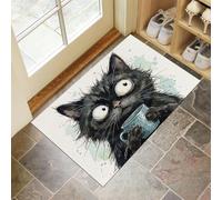 MLSOWM Alfombra Suaves Absorbentes 50x80cm Felpudos Entrada casa Lindo Cuadro De Tinta Antideslizante Lavable Alfombrillas Gato Negro Rizado Decorativa Antifatiga con Base de Goma, Negro
