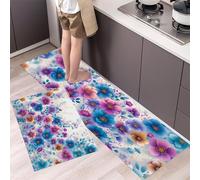 MLSOWM Alfombras de Cocina, 40x60cm+40x120cm Alfombra de Cocina Flores En Acuarela Antideslizante Alfombra de Piso Racimo De Flores De Ensueño Tapetes de Cocinas para Pasillo Entrada lavandería, Azul