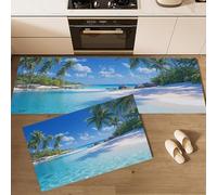 MLSOWM Alfombras de Cocina, 40x60cm+40x120cm Alfombra de Cocina Islas Tropicales Antideslizante Alfombra de Piso Playa Palm Tree Tapetes de Cocinas para Pasillo Entrada lavandería, Azul Cielo