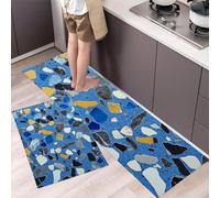 MLSOWM Alfombras de Cocina, 43x75cm+43x120cm Alfombra de Cocina Terrazo Antideslizante Alfombra de Piso Pequeños Fragmentos De Vidrio Tapetes de Cocinas para Pasillo Entrada lavandería, Azul