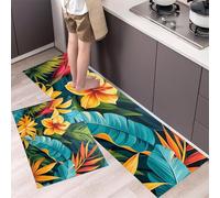 MLSOWM Alfombras de Cocina Ave Paraíso Flores Hibisco de 2 Piezas, Almohadillas Tapetes de Cocina Antideslizantes Lavables Jungla Tropical Alfombra de Piso para Pasillo Entrada 43x75cm+43x120cm Verde