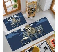 MLSOWM Alfombras de Cocina Humor Negro Antideslizantes de 2 Piezas, Tapetes de Cocina Esqueleto Fumando Alfombra de Piso Lavables para Pasillo, Comedor y Entrada, 40x60cm+40x120cm